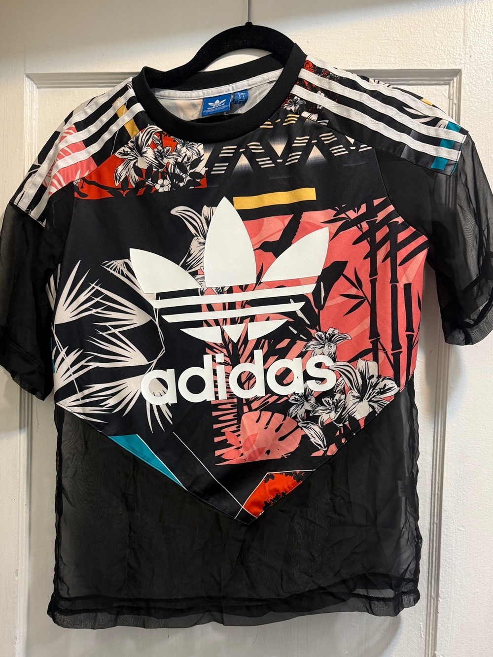 adidas Black Short-Sleeve Trefoil Mesh Tee with Coral & White Floral Print